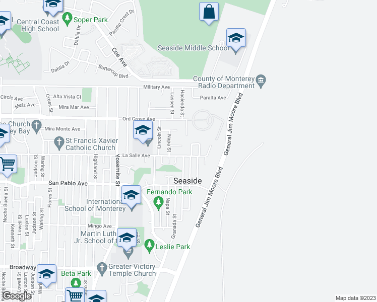 map of restaurants, bars, coffee shops, grocery stores, and more near 1897 Havana Street in Seaside