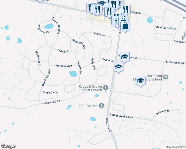 map of restaurants, bars, coffee shops, grocery stores, and more near 3719 Misty Way in Clarksville