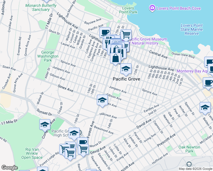 map of restaurants, bars, coffee shops, grocery stores, and more near Forest Avenue & Junipero Avenue in Pacific Grove