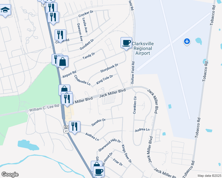 map of restaurants, bars, coffee shops, grocery stores, and more near 204 Harrier Court in Clarksville