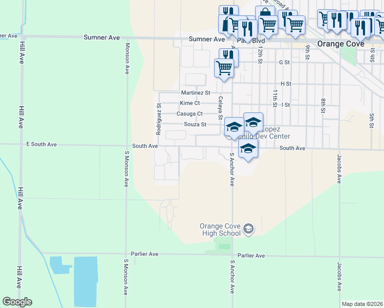 map of restaurants, bars, coffee shops, grocery stores, and more near 1499 South Avenue in Orange Cove