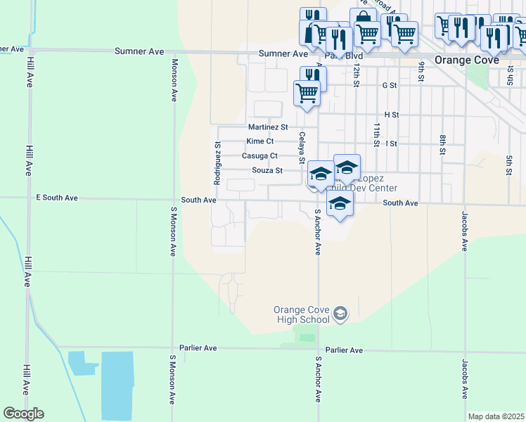 map of restaurants, bars, coffee shops, grocery stores, and more near 1499 South Avenue in Orange Cove