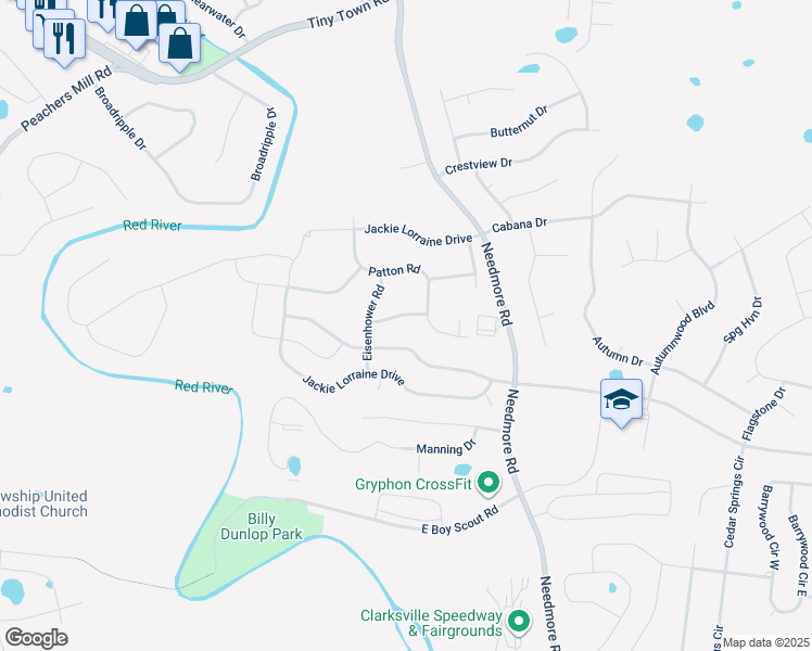 map of restaurants, bars, coffee shops, grocery stores, and more near 1838 Macarther Way in Clarksville