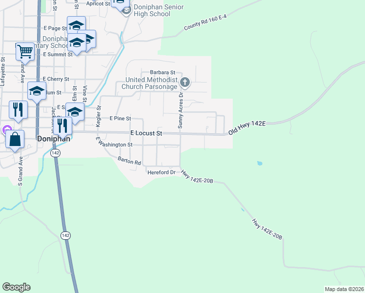 map of restaurants, bars, coffee shops, grocery stores, and more near 103 North East Street in Doniphan