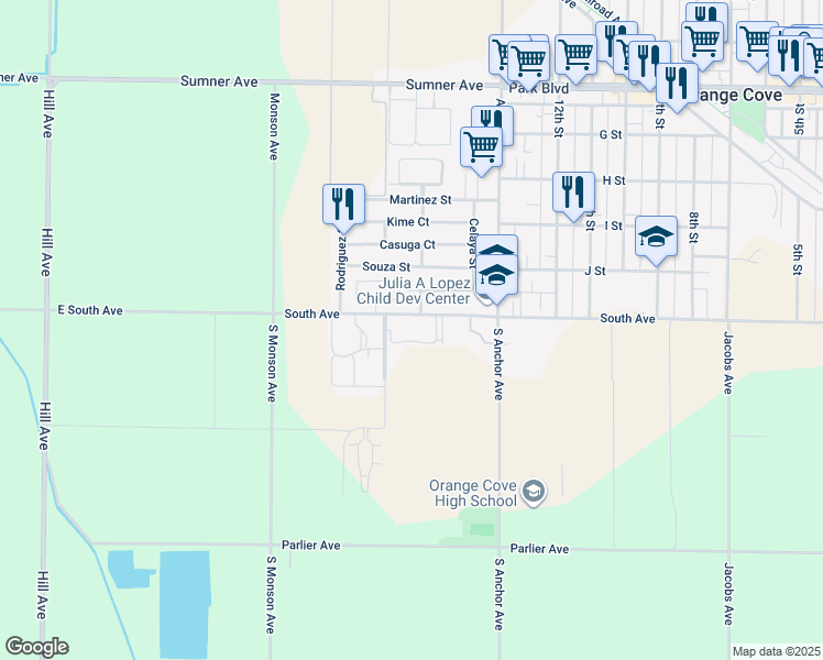 map of restaurants, bars, coffee shops, grocery stores, and more near 1499 South Avenue in Orange Cove