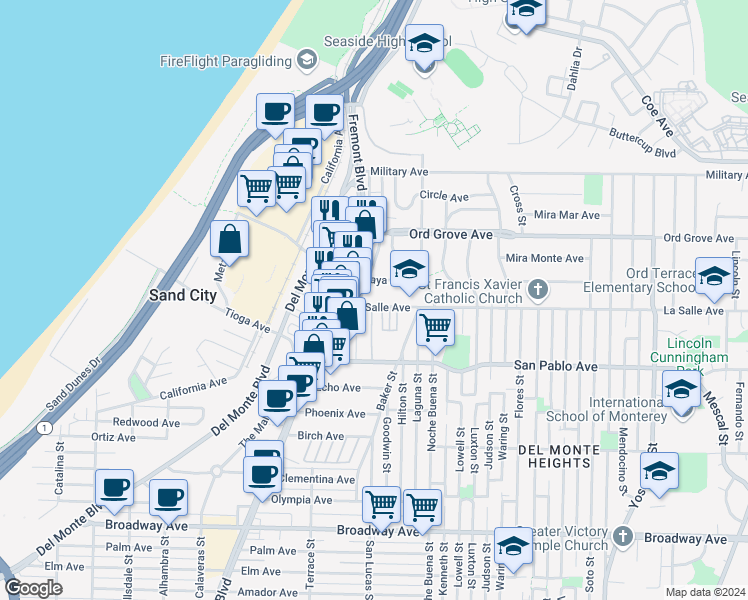 map of restaurants, bars, coffee shops, grocery stores, and more near 1206 La Salle Avenue in Seaside