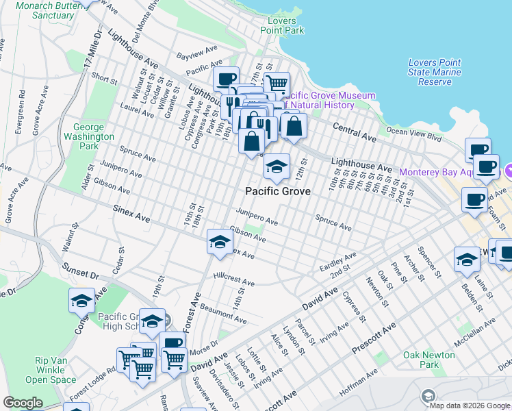 map of restaurants, bars, coffee shops, grocery stores, and more near 601 Fountain Avenue in Pacific Grove