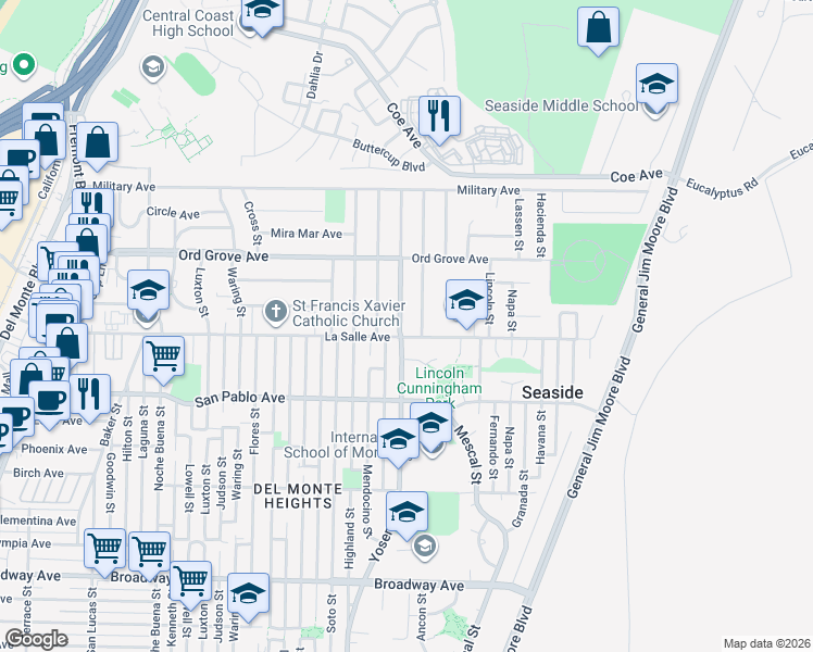 map of restaurants, bars, coffee shops, grocery stores, and more near 1656 La Salle Avenue in Seaside