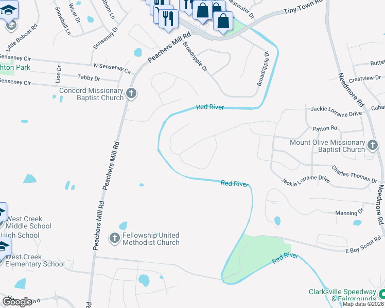 map of restaurants, bars, coffee shops, grocery stores, and more near 116 Bonnell Drive in Clarksville