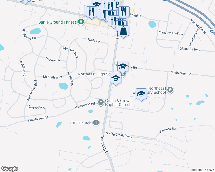 map of restaurants, bars, coffee shops, grocery stores, and more near 3716 Trenton Road in Clarksville