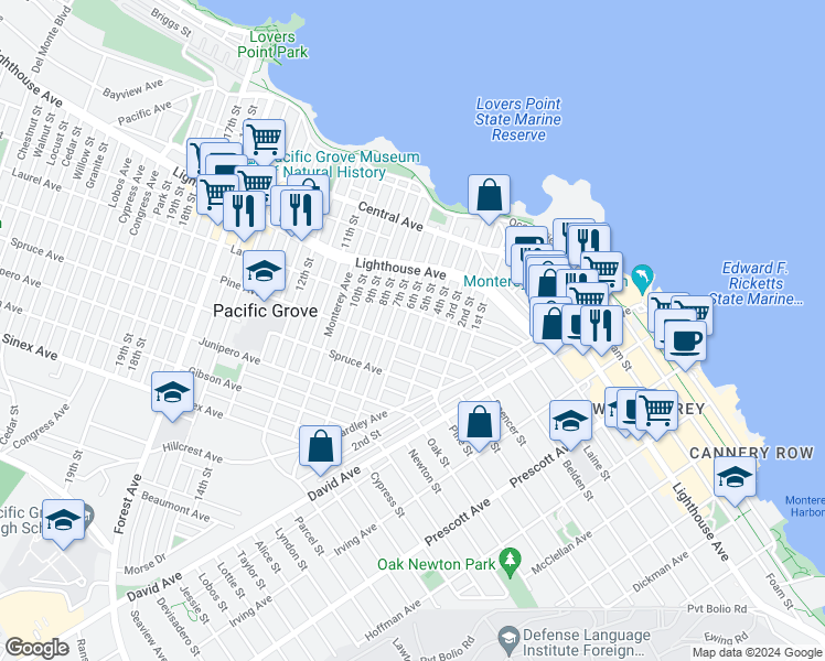 map of restaurants, bars, coffee shops, grocery stores, and more near 273 Pine Avenue in Pacific Grove
