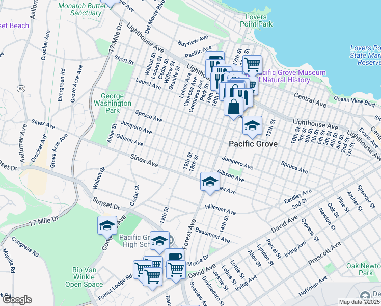 map of restaurants, bars, coffee shops, grocery stores, and more near 632 Gibson Avenue in Pacific Grove