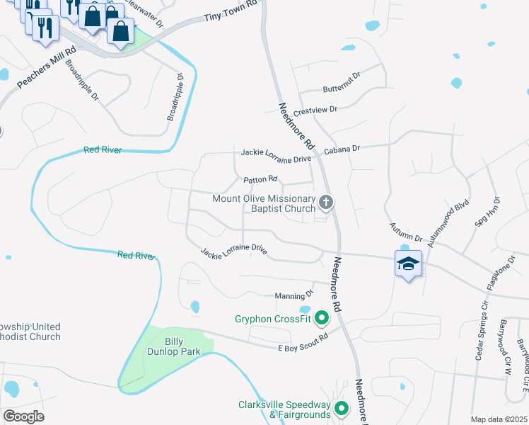 map of restaurants, bars, coffee shops, grocery stores, and more near 1838 Macarther Way in Clarksville