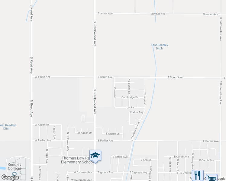 map of restaurants, bars, coffee shops, grocery stores, and more near 2297 Concord in Reedley