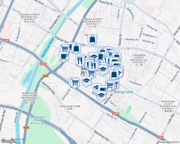 map of restaurants, bars, coffee shops, grocery stores, and more near in Xining Shi
