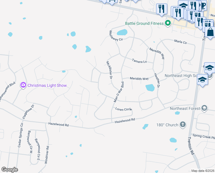 map of restaurants, bars, coffee shops, grocery stores, and more near 1401 Jenny Lane in Clarksville