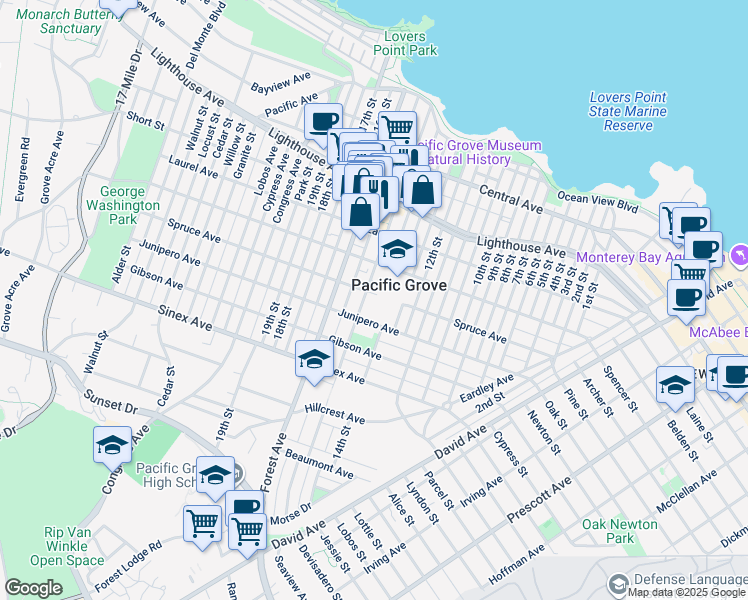 map of restaurants, bars, coffee shops, grocery stores, and more near 488 Junipero Avenue in Pacific Grove