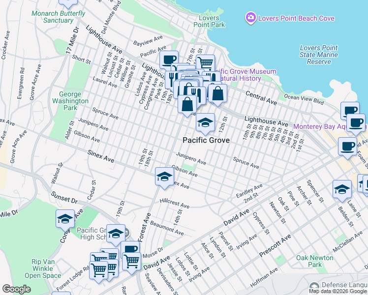 map of restaurants, bars, coffee shops, grocery stores, and more near 601 Fountain Avenue in Pacific Grove