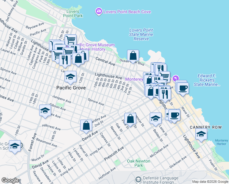 map of restaurants, bars, coffee shops, grocery stores, and more near 273 Pine Avenue in Pacific Grove