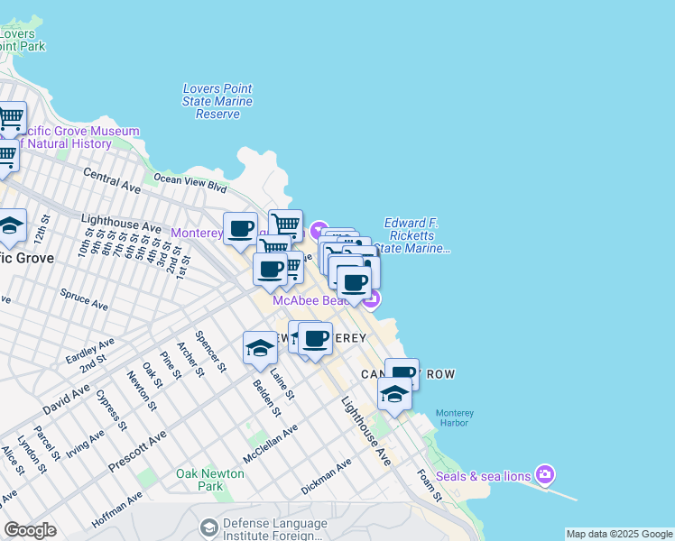 map of restaurants, bars, coffee shops, grocery stores, and more near 800 Cannery Row in Monterey