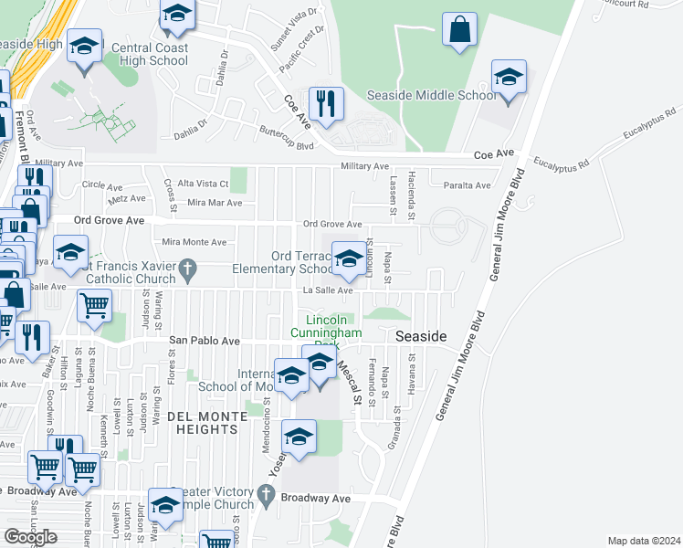 map of restaurants, bars, coffee shops, grocery stores, and more near 1755 La Salle Avenue in Seaside