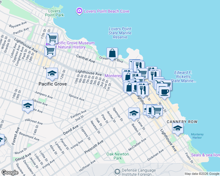 map of restaurants, bars, coffee shops, grocery stores, and more near 229 1st Street in Pacific Grove