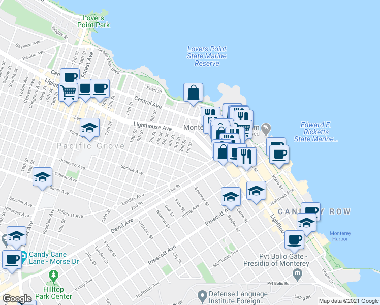 map of restaurants, bars, coffee shops, grocery stores, and more near 189 Lighthouse Avenue in Pacific Grove