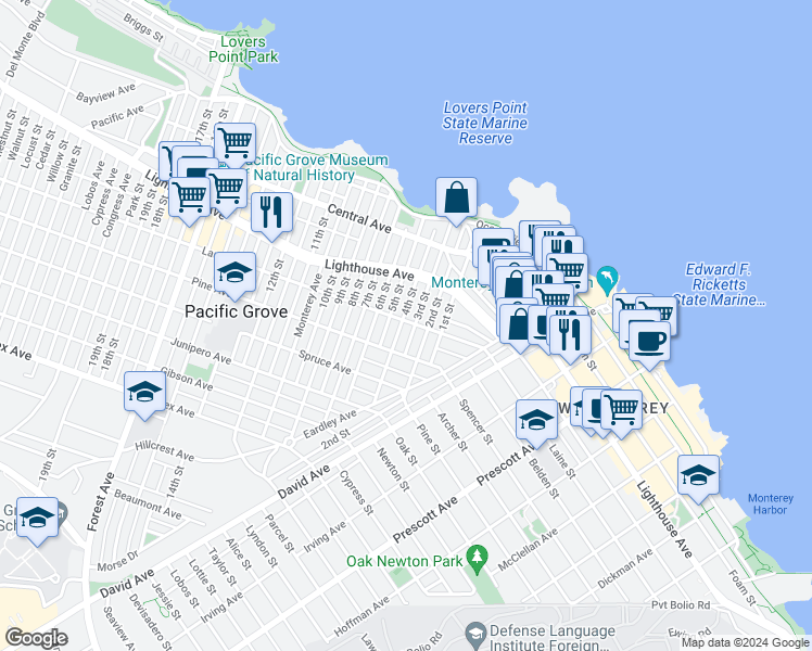 map of restaurants, bars, coffee shops, grocery stores, and more near 218 3rd Street in Pacific Grove