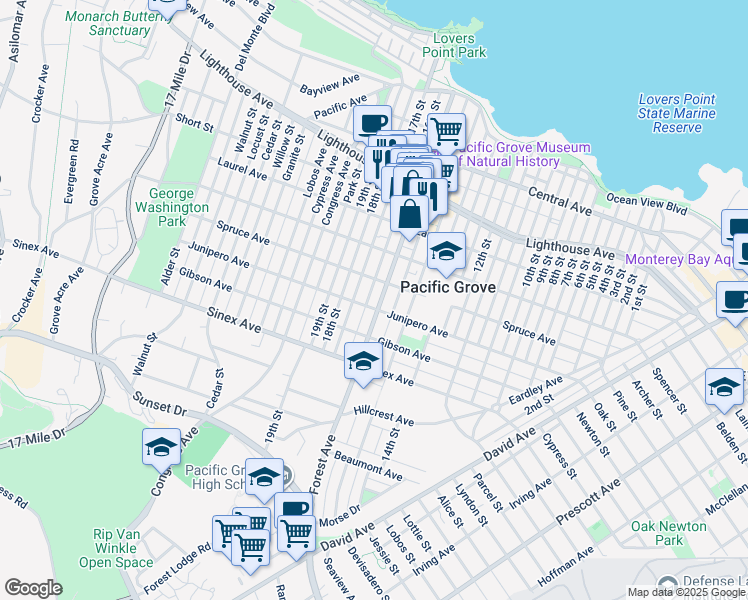 map of restaurants, bars, coffee shops, grocery stores, and more near 603 Spruce Avenue in Pacific Grove