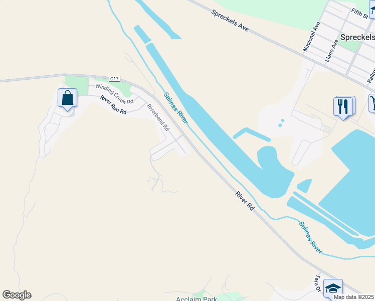 map of restaurants, bars, coffee shops, grocery stores, and more near 17803 Riverbend Road in Salinas