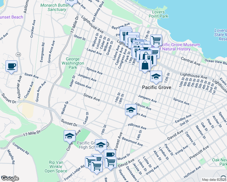 map of restaurants, bars, coffee shops, grocery stores, and more near 609 Congress Avenue in Pacific Grove