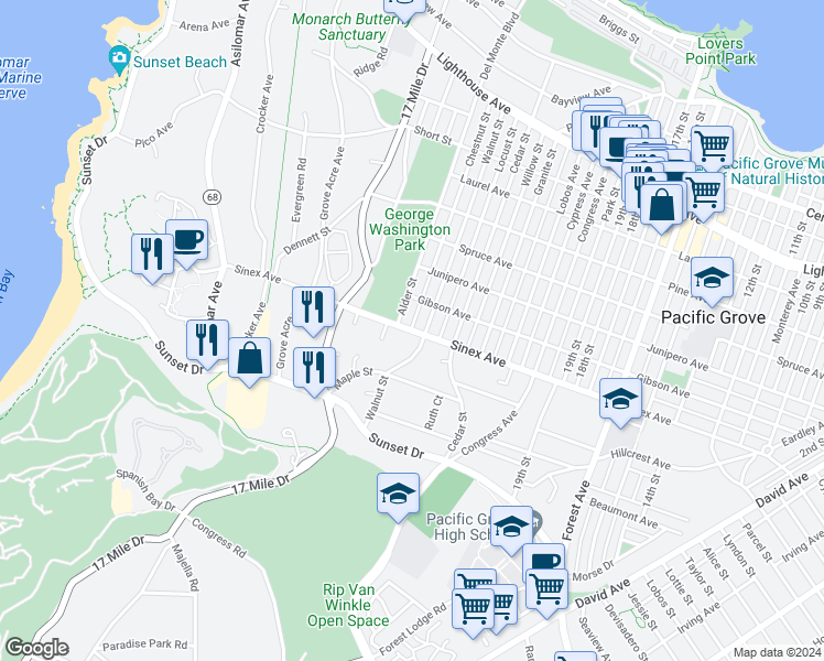 map of restaurants, bars, coffee shops, grocery stores, and more near 916 Sinex Avenue in Pacific Grove