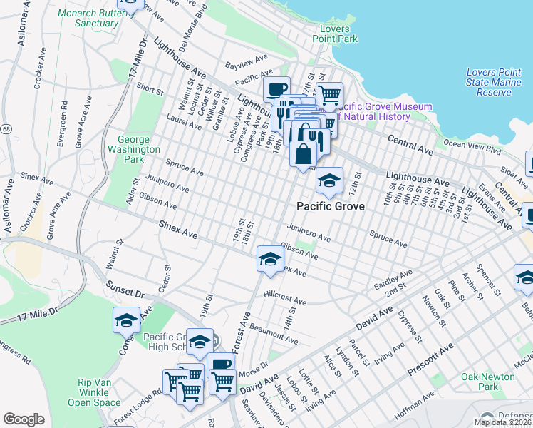 map of restaurants, bars, coffee shops, grocery stores, and more near 603 Spruce Avenue in Pacific Grove