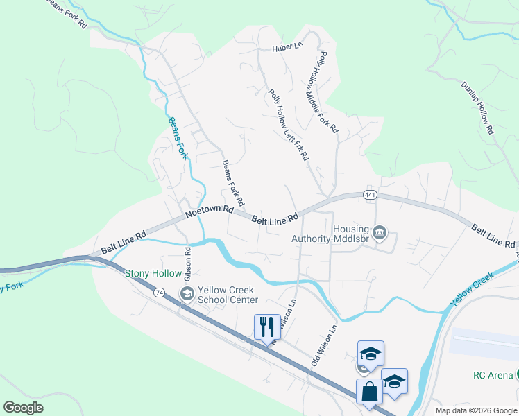 map of restaurants, bars, coffee shops, grocery stores, and more near 3618 State Highway 441 in Middlesboro