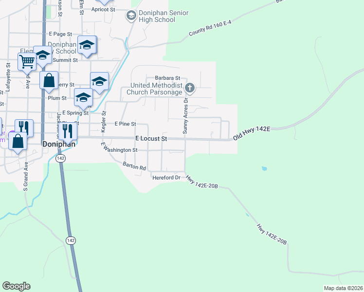 map of restaurants, bars, coffee shops, grocery stores, and more near 103 North East Street in Doniphan