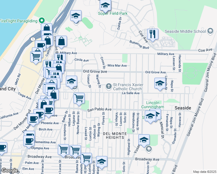 map of restaurants, bars, coffee shops, grocery stores, and more near 1485 Santa Clara Avenue in Seaside