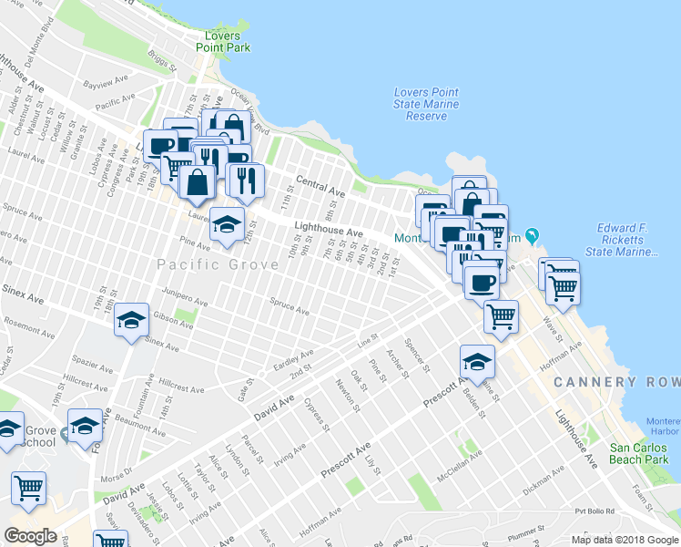 map of restaurants, bars, coffee shops, grocery stores, and more near 228 6th Street in Pacific Grove