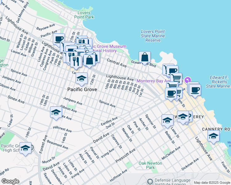 map of restaurants, bars, coffee shops, grocery stores, and more near 351 Laurel Avenue in Pacific Grove