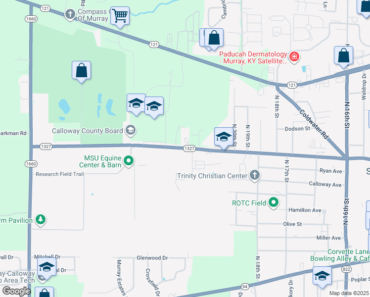 map of restaurants, bars, coffee shops, grocery stores, and more near 2106 College Farm Road in Murray