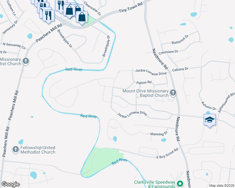 map of restaurants, bars, coffee shops, grocery stores, and more near 1944 Jackie Lorraine Drive in Clarksville