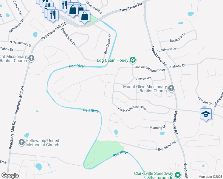 map of restaurants, bars, coffee shops, grocery stores, and more near 1944 Jackie Lorraine Drive in Clarksville
