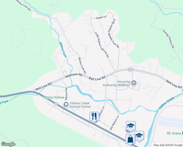 map of restaurants, bars, coffee shops, grocery stores, and more near 3618 State Highway 441 in Middlesboro