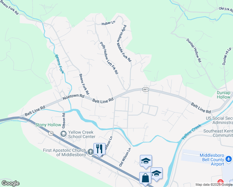 map of restaurants, bars, coffee shops, grocery stores, and more near 3450 State Highway 441 in Middlesboro