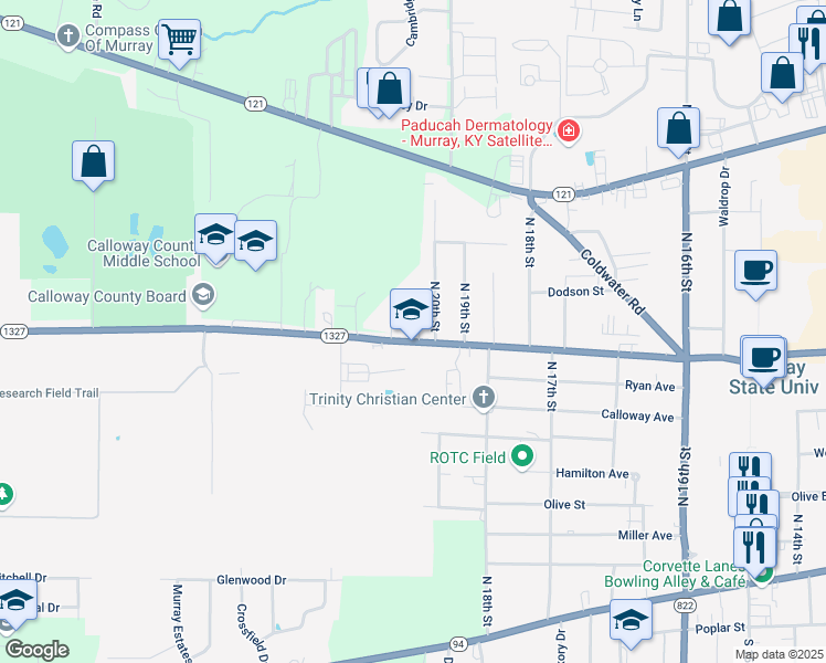 map of restaurants, bars, coffee shops, grocery stores, and more near 802 North 20th Street in Murray