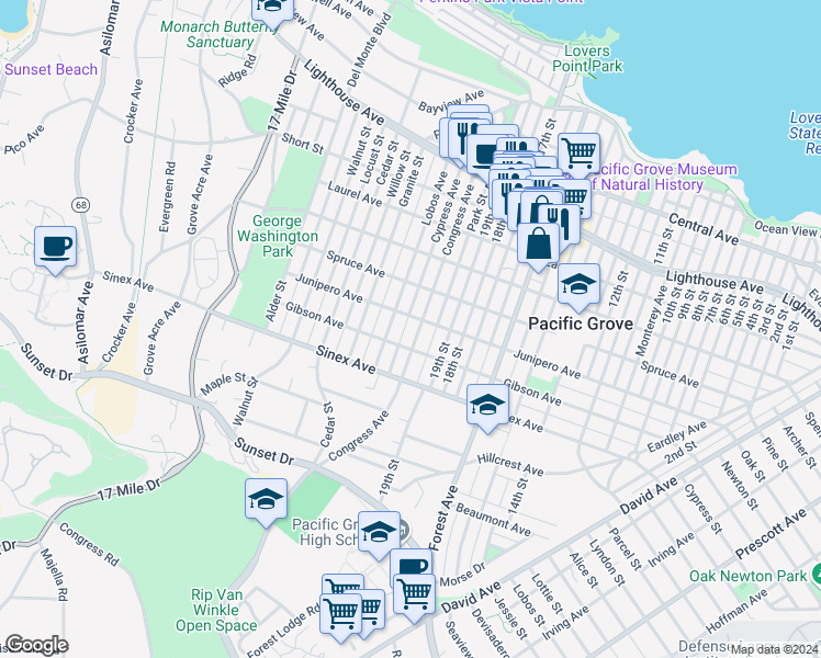 map of restaurants, bars, coffee shops, grocery stores, and more near 608 Congress Avenue in Pacific Grove