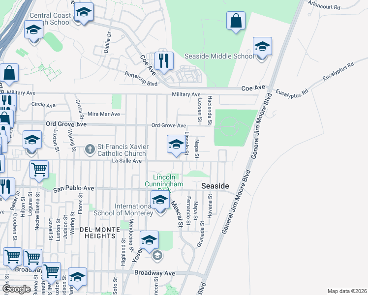 map of restaurants, bars, coffee shops, grocery stores, and more near 1949 Lincoln Street in Seaside