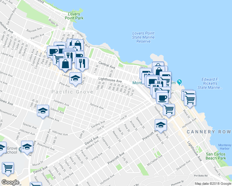 map of restaurants, bars, coffee shops, grocery stores, and more near Laurel Ave & 5th St in Pacific Grove
