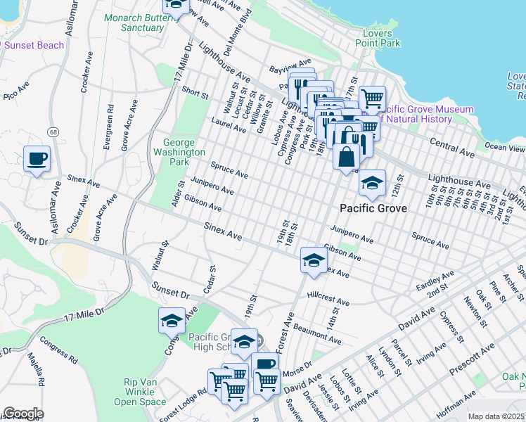 map of restaurants, bars, coffee shops, grocery stores, and more near 608 Congress Avenue in Pacific Grove