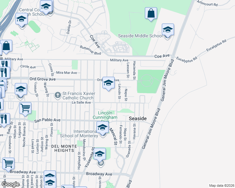 map of restaurants, bars, coffee shops, grocery stores, and more near 1949 Lincoln Street in Seaside
