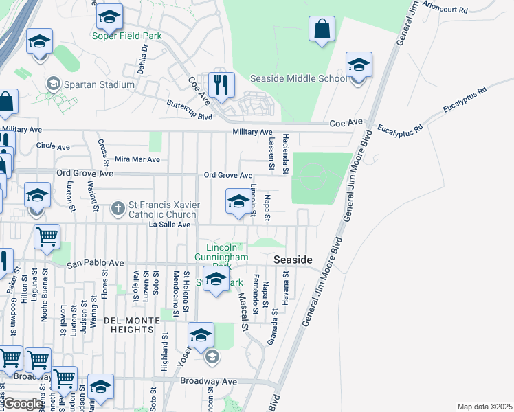 map of restaurants, bars, coffee shops, grocery stores, and more near 1950 Lincoln Street in Seaside